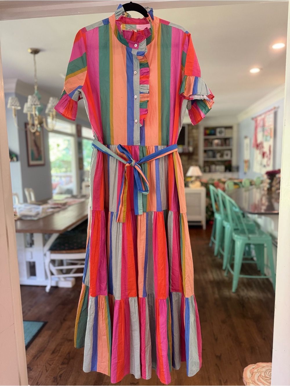 Mille Victoria Maxi Dress Confetti Stripe Ruffle Short Sleeve Tiered Belted